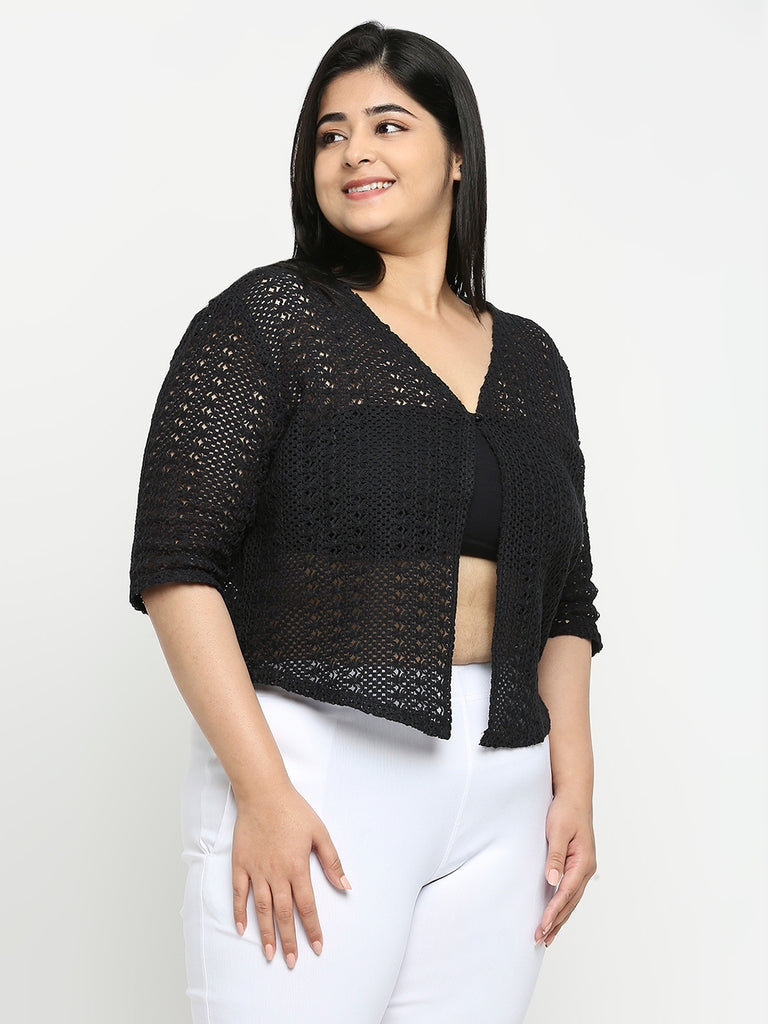 Style Quotient Women Black Self Design Lace Open Front Smart Casual Shrug-Shrug-StyleQuotient