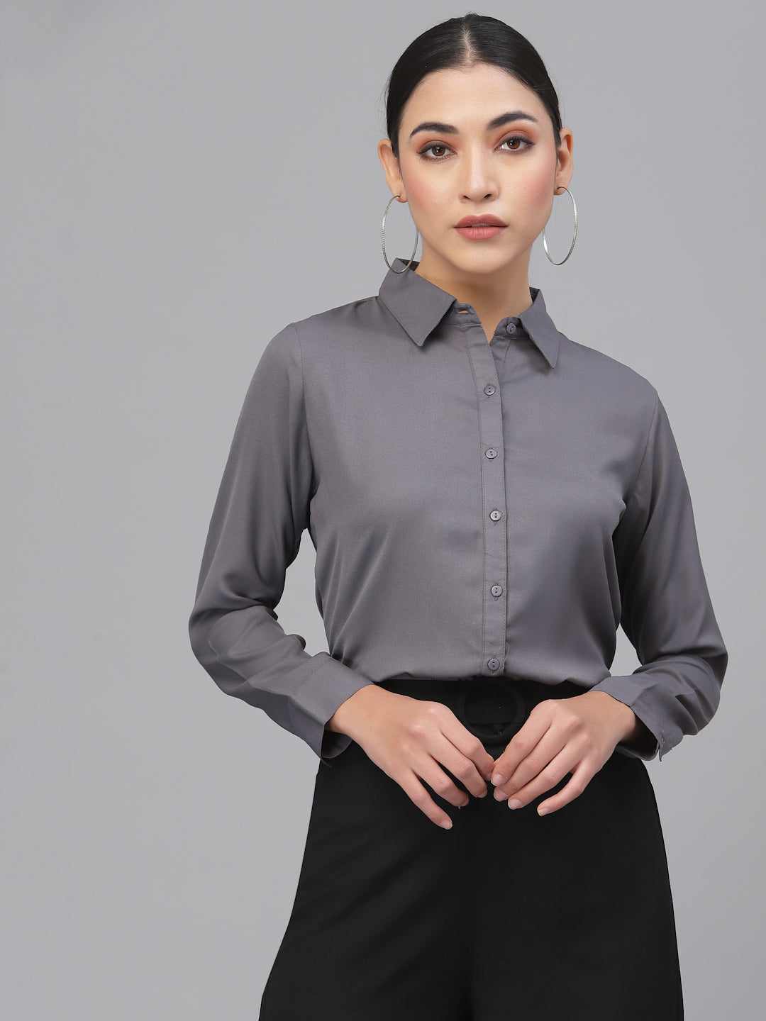 Style Quotient Women Solid Grey Polymoss Regular Formal Shirt-Shirts-StyleQuotient