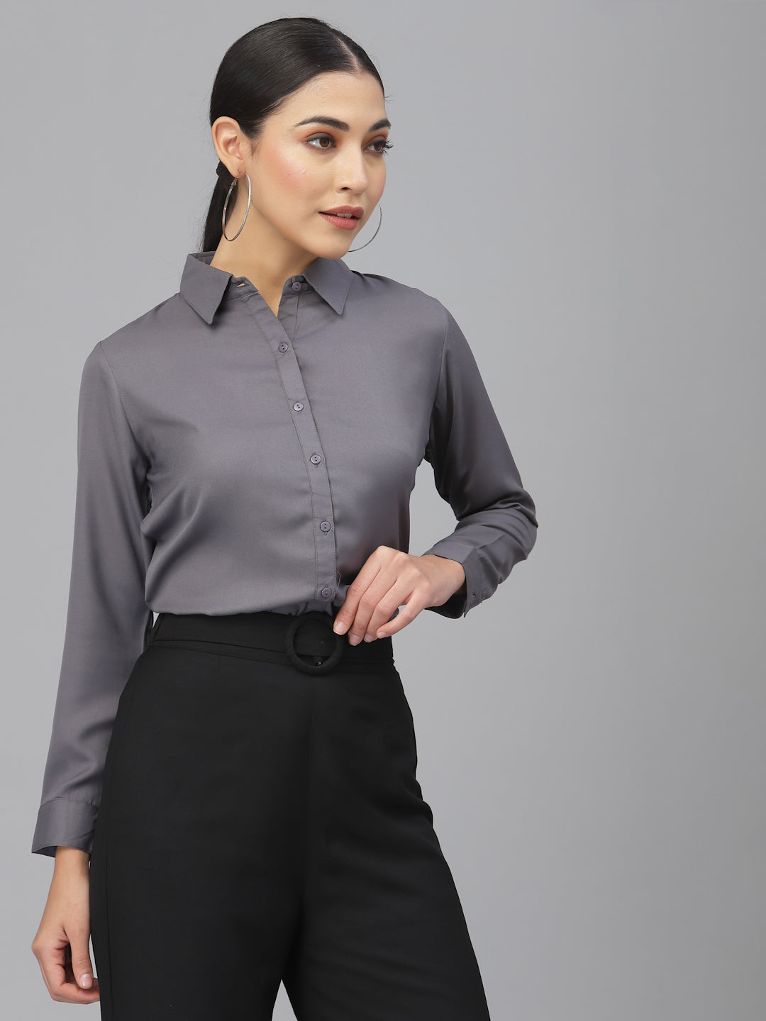 Style Quotient Women Solid Grey Polymoss Regular Formal Shirt-Shirts-StyleQuotient