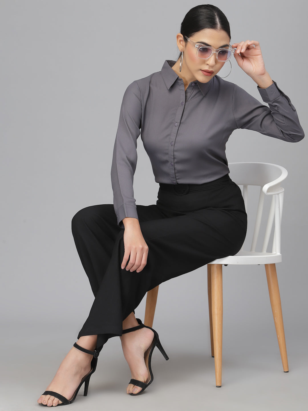 Style Quotient Women Solid Grey Polymoss Regular Formal Shirt-Shirts-StyleQuotient