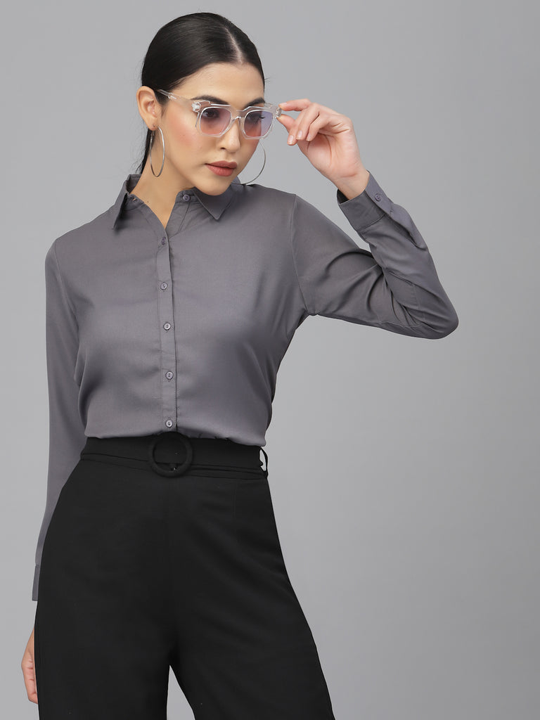 Style Quotient Women Solid Grey Polymoss Regular Formal Shirt-Shirts-StyleQuotient