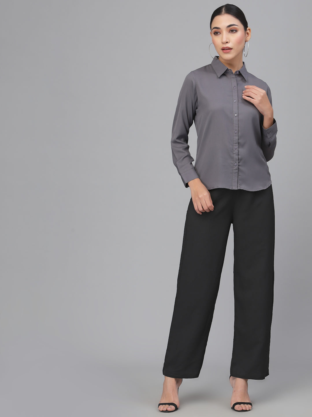 Style Quotient Women Solid Grey Polymoss Regular Formal Shirt-Shirts-StyleQuotient