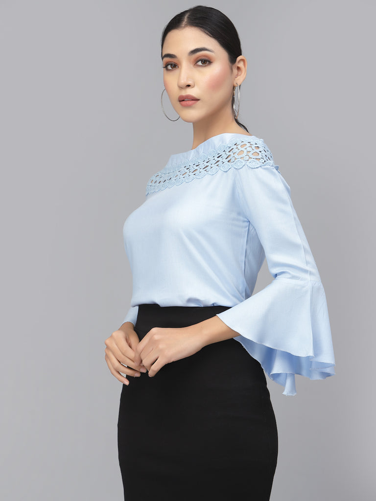 Style Quotient Women Solid Light blue viscose rayon smart casual top-Tops-StyleQuotient