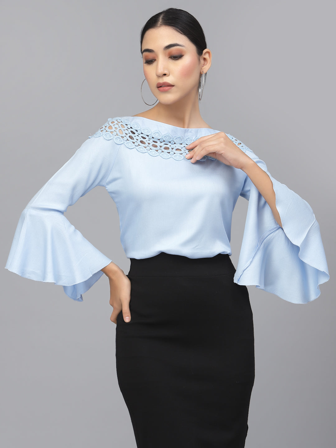 Style Quotient Women Solid Light blue viscose rayon smart casual top-Tops-StyleQuotient