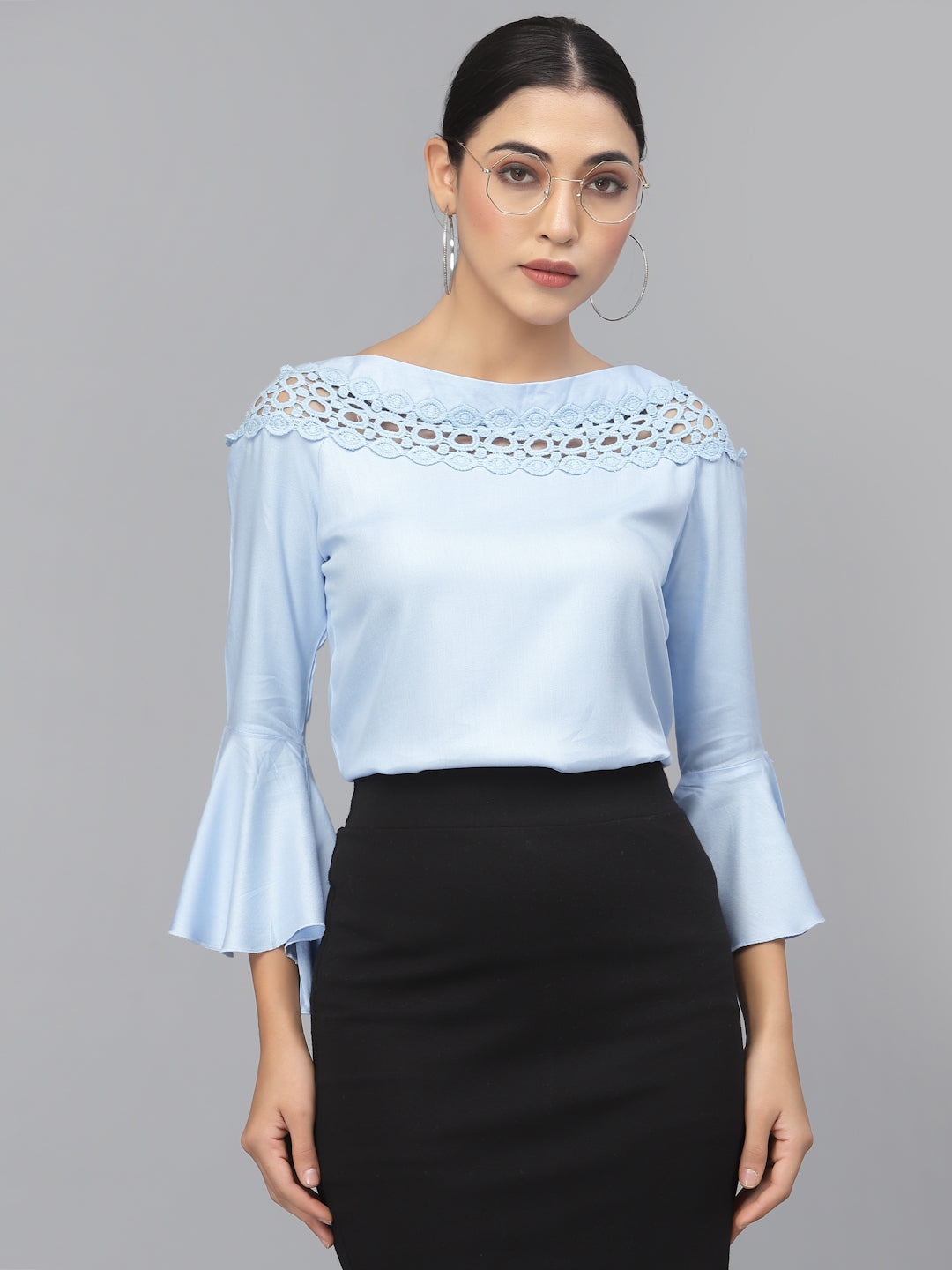 Style Quotient Women Solid Light blue viscose rayon smart casual top-Tops-StyleQuotient