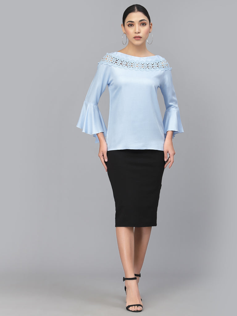 Style Quotient Women Solid Light blue viscose rayon smart casual top-Tops-StyleQuotient