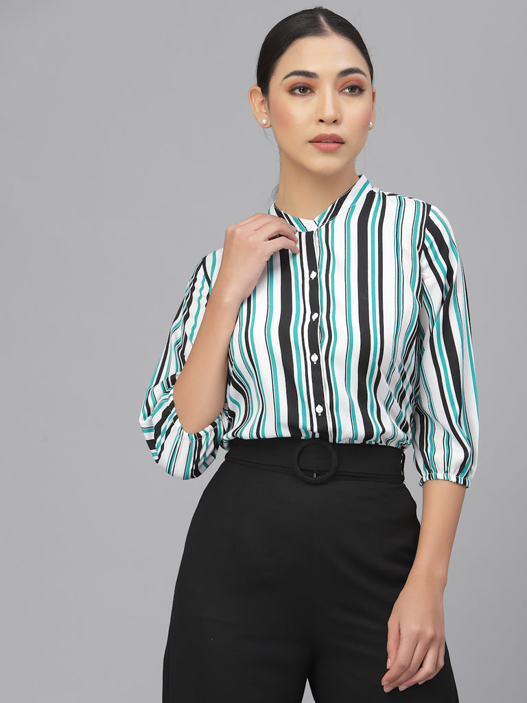 Style Quotient Women Green Smart Striped Formal Shirt-Shirts-StyleQuotient