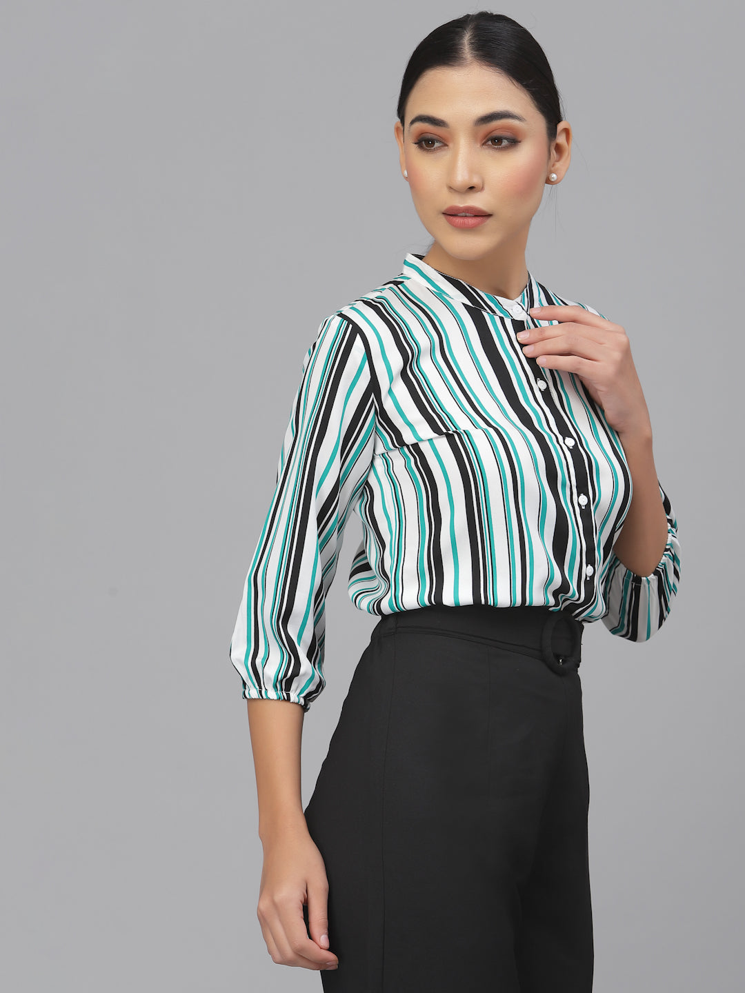 Style Quotient Women Green Smart Striped Formal Shirt-Shirts-StyleQuotient