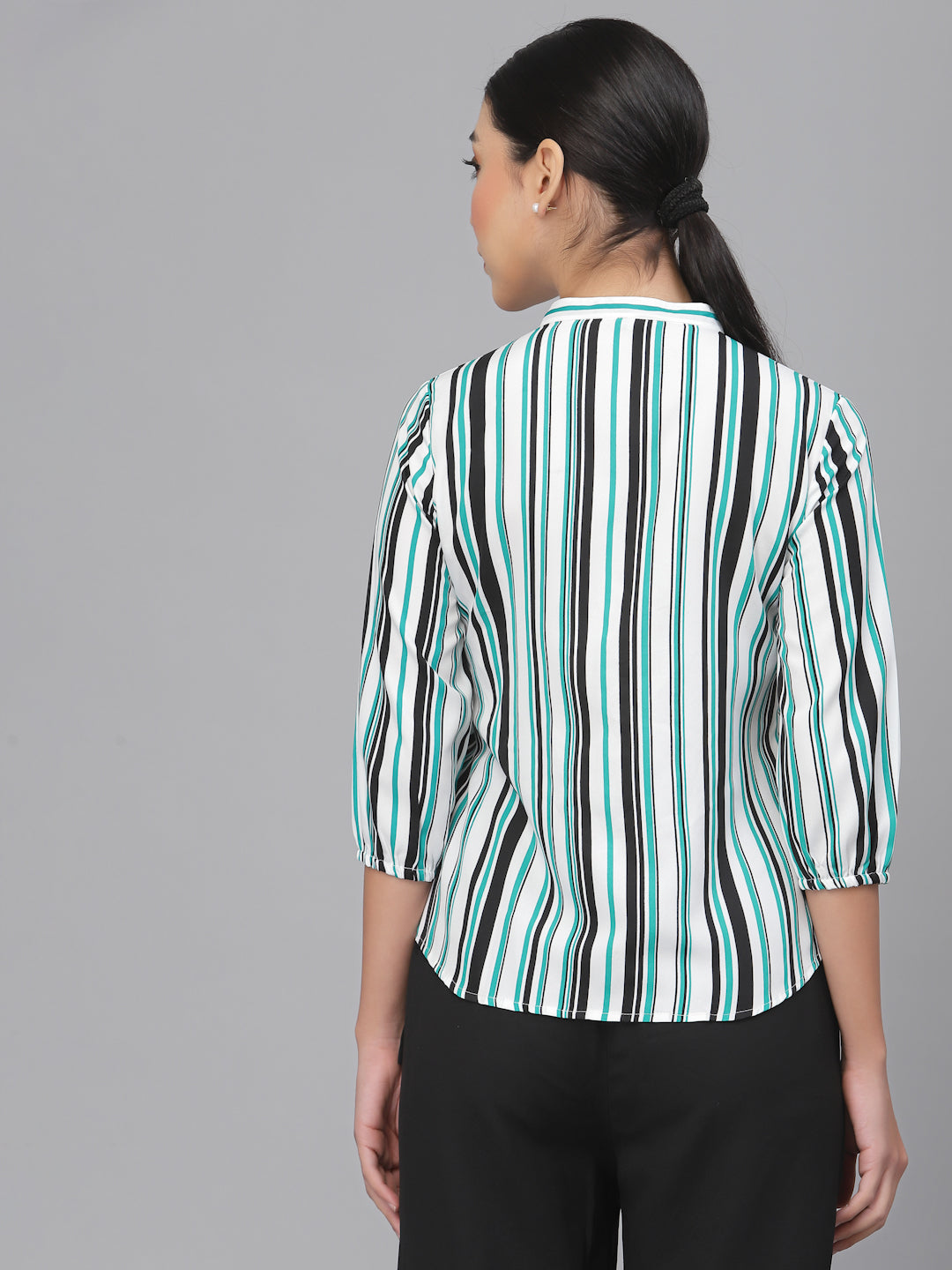 Style Quotient Women Green Smart Striped Formal Shirt-Shirts-StyleQuotient