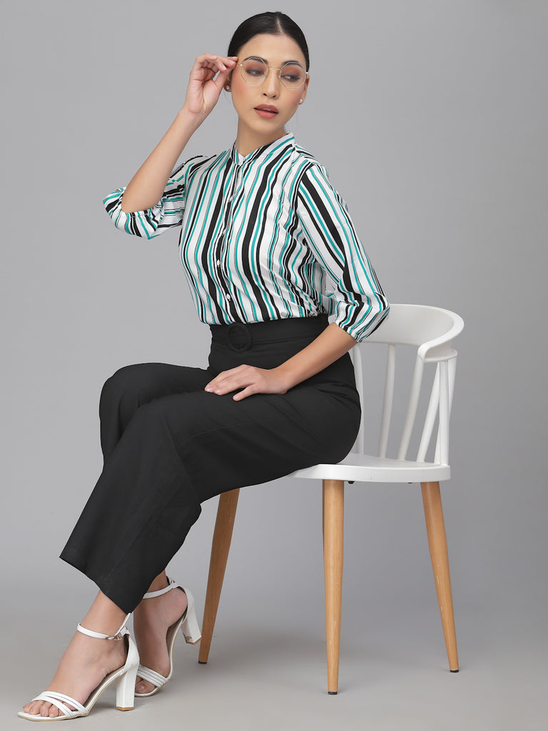 Style Quotient Women Green Smart Striped Formal Shirt-Shirts-StyleQuotient
