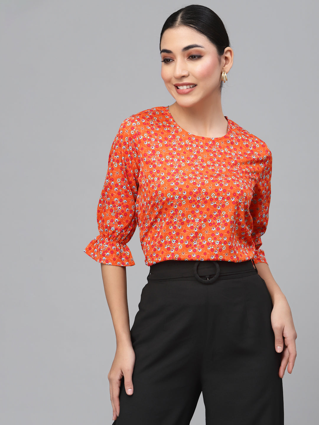 Style Quotient Women Orange and Multi Floral Printed Polyester Smart Casual Top-Tops-StyleQuotient