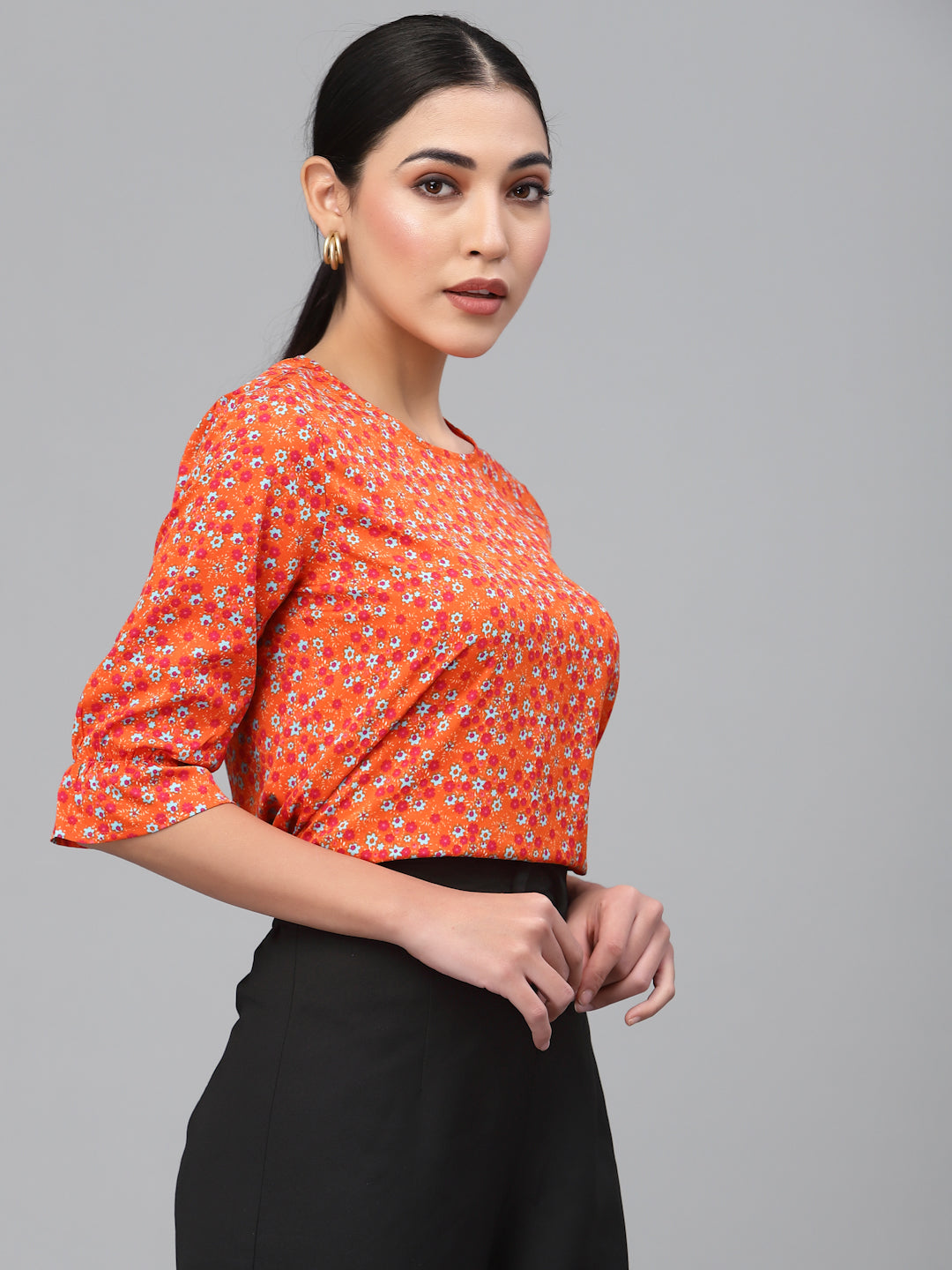 Style Quotient Women Orange and Multi Floral Printed Polyester Smart Casual Top-Tops-StyleQuotient