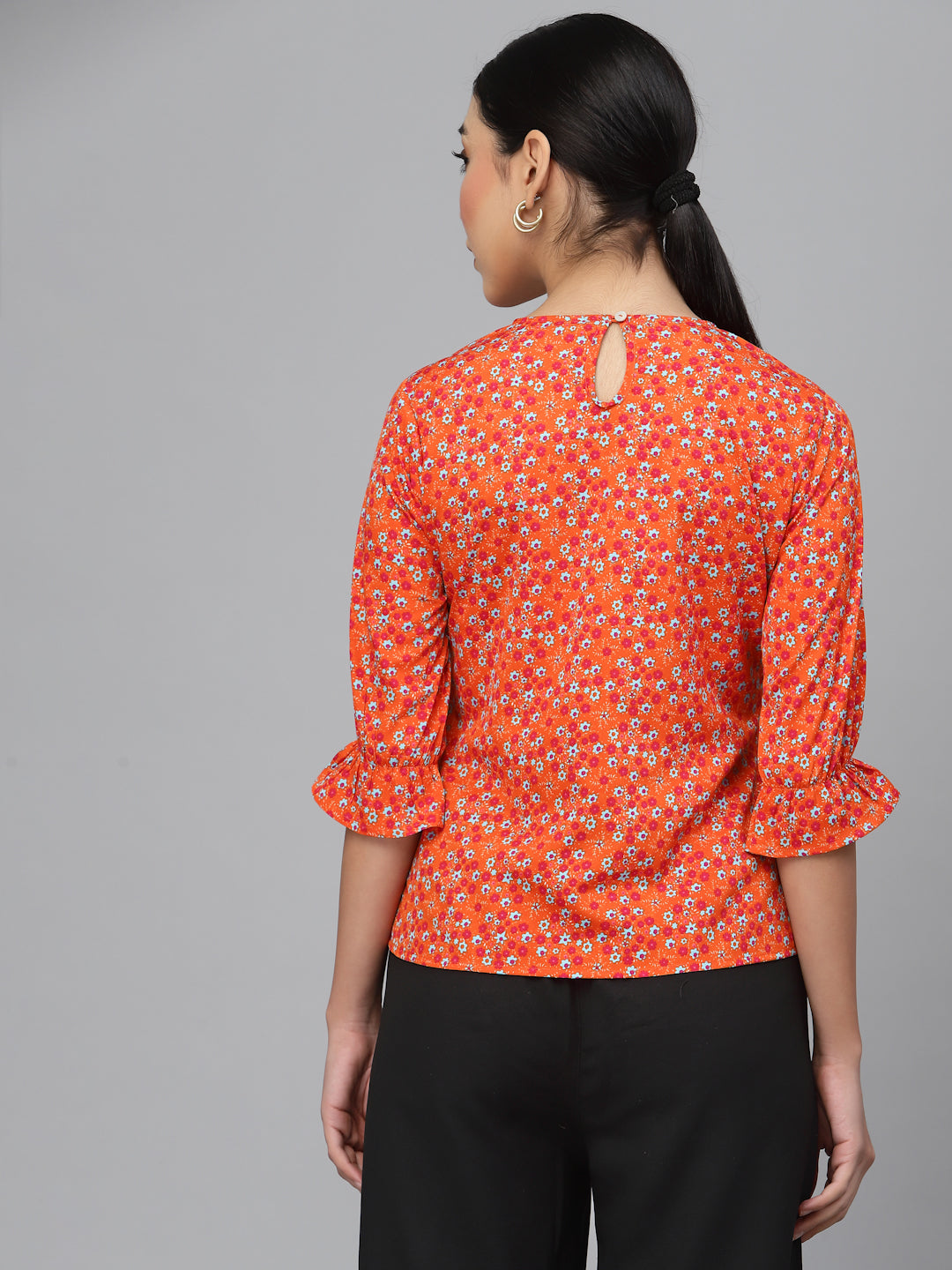 Style Quotient Women Orange and Multi Floral Printed Polyester Smart Casual Top-Tops-StyleQuotient