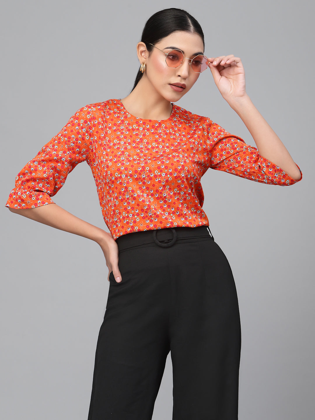 Style Quotient Women Orange and Multi Floral Printed Polyester Smart Casual Top-Tops-StyleQuotient