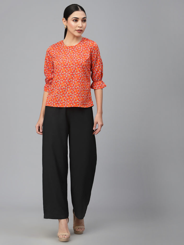 Style Quotient Women Orange and Multi Floral Printed Polyester Smart Casual Top-Tops-StyleQuotient