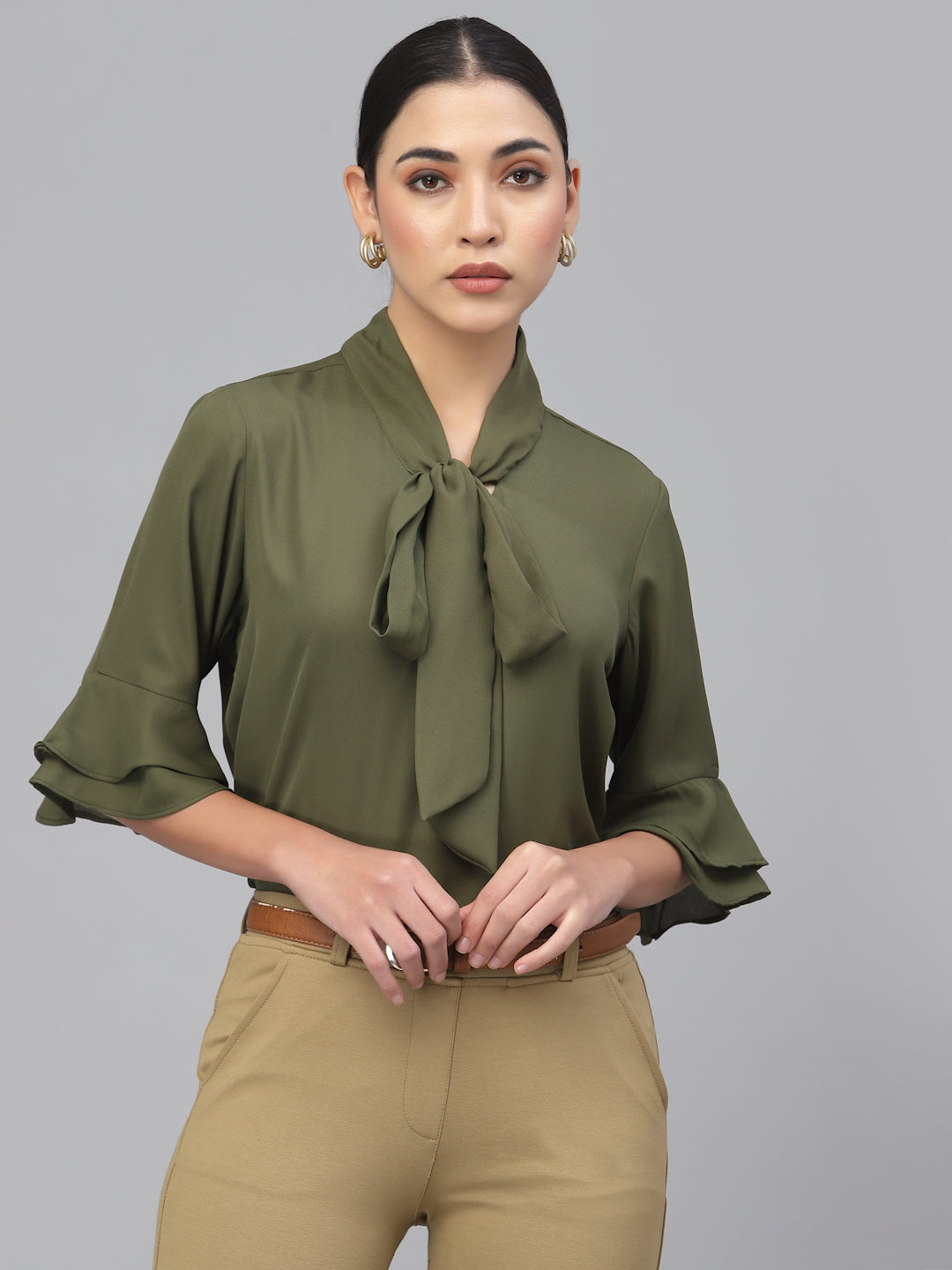 Style Quotient Women Olive Green Tie-Up Neck Top-Tops-StyleQuotient