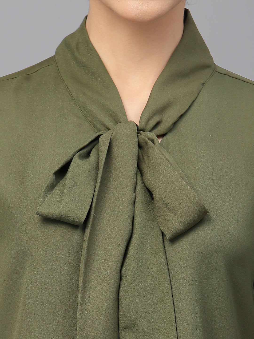 Style Quotient Women Olive Green Tie-Up Neck Top-Tops-StyleQuotient