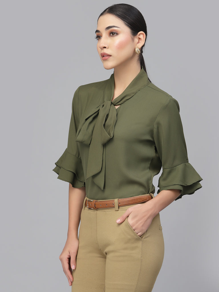 Style Quotient Women Olive Green Tie-Up Neck Top-Tops-StyleQuotient