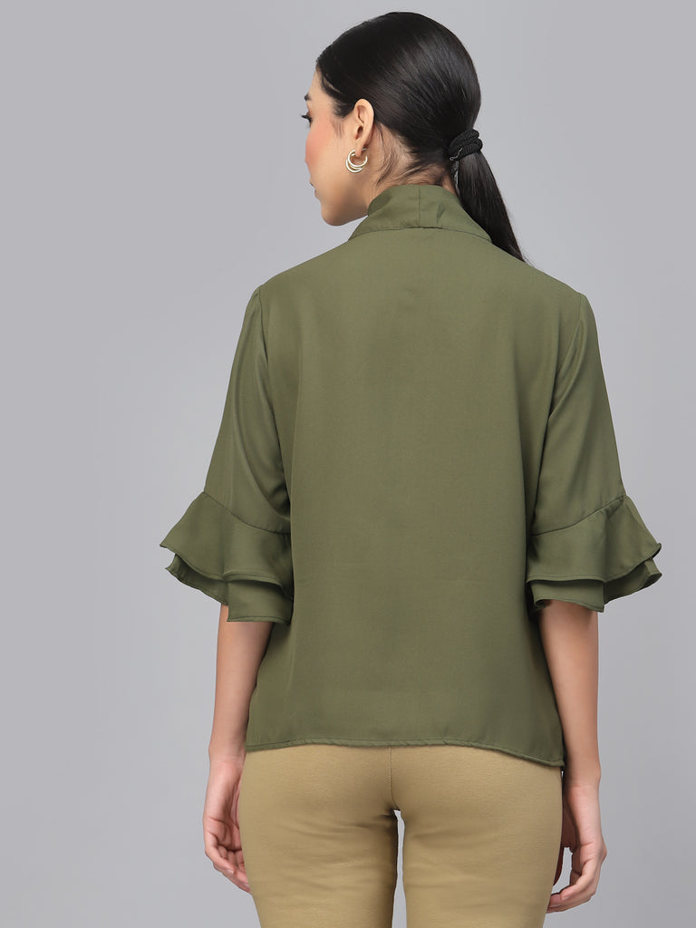 Style Quotient Women Olive Green Tie-Up Neck Top-Tops-StyleQuotient