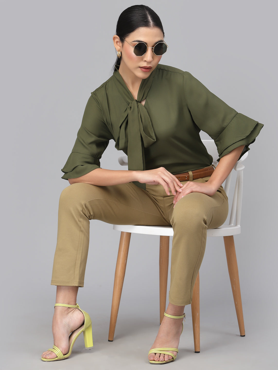 Style Quotient Women Olive Green Tie-Up Neck Top-Tops-StyleQuotient