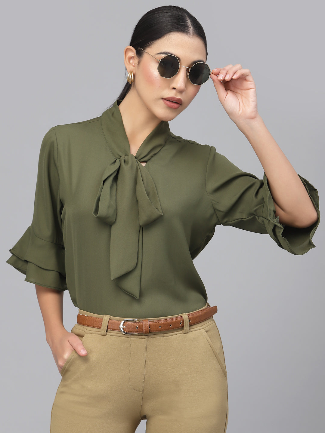 Style Quotient Women Olive Green Tie-Up Neck Top-Tops-StyleQuotient