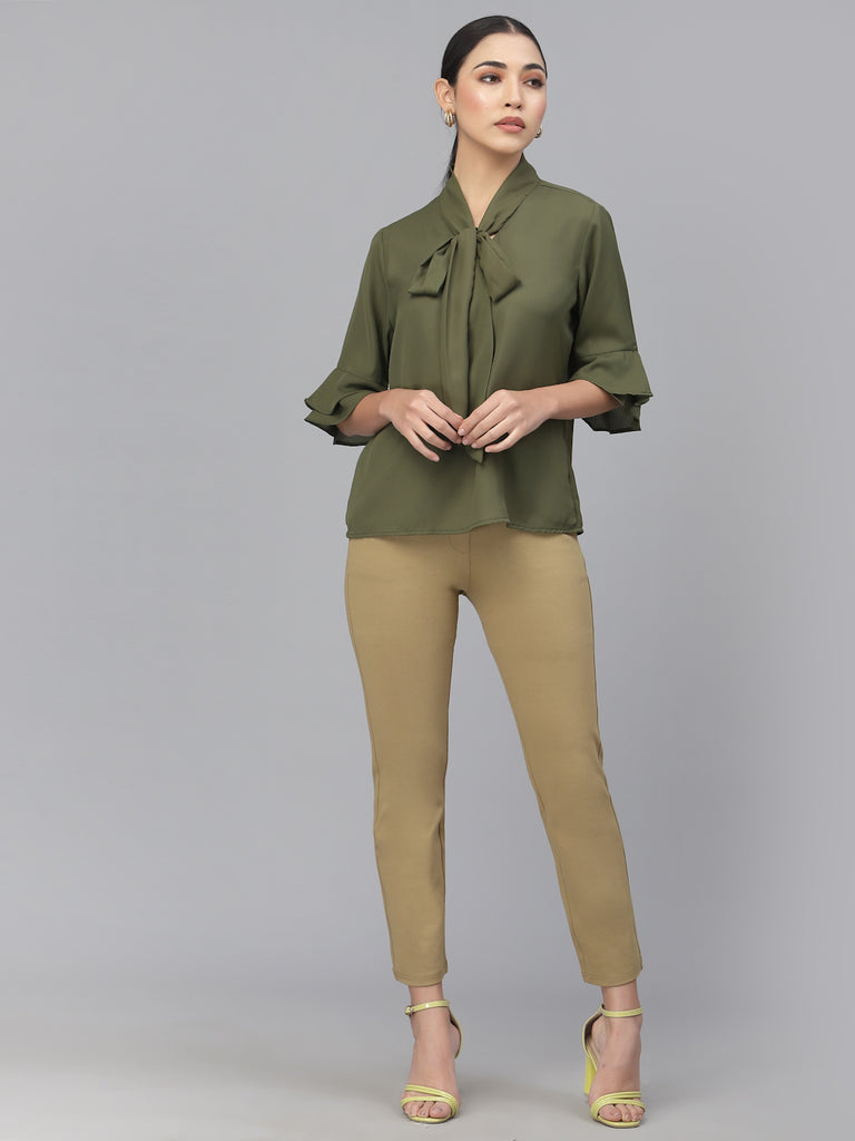 Style Quotient Women Olive Green Tie-Up Neck Top-Tops-StyleQuotient