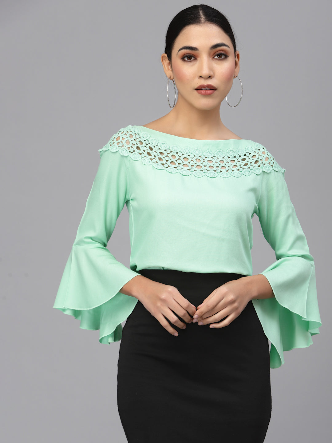 Style Quotient Women Solid Mint Green viscose rayon smart casual top-Tops-StyleQuotient