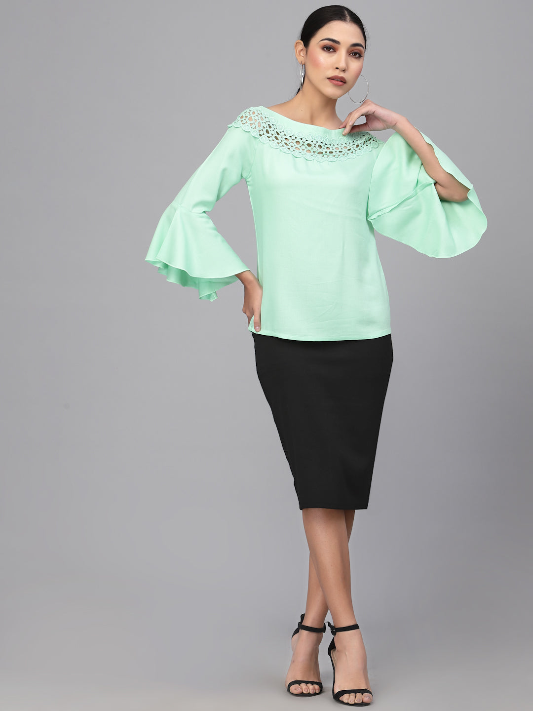 Style Quotient Women Solid Mint Green viscose rayon smart casual top-Tops-StyleQuotient