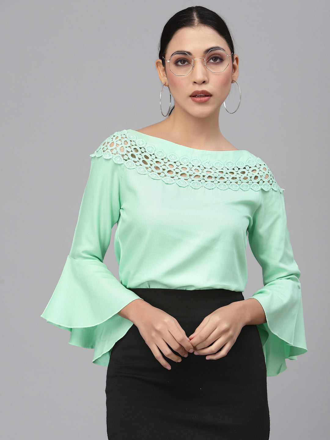 Style Quotient Women Solid Mint Green viscose rayon smart casual top-Tops-StyleQuotient