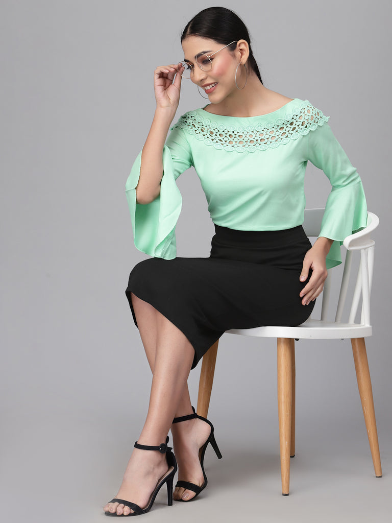 Style Quotient Women Solid Mint Green viscose rayon smart casual top-Tops-StyleQuotient