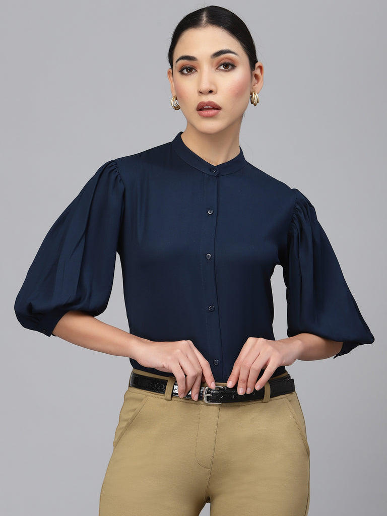 Style Quotient Women Solid Navy PolyMoss Regular Formal Shirt-Shirts-StyleQuotient