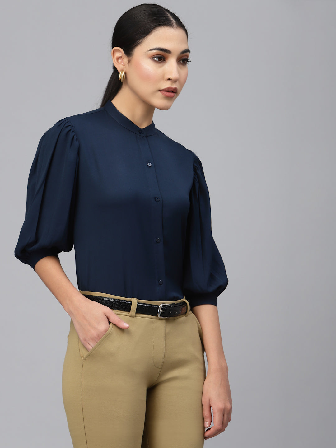 Style Quotient Women Solid Navy PolyMoss Regular Formal Shirt-Shirts-StyleQuotient