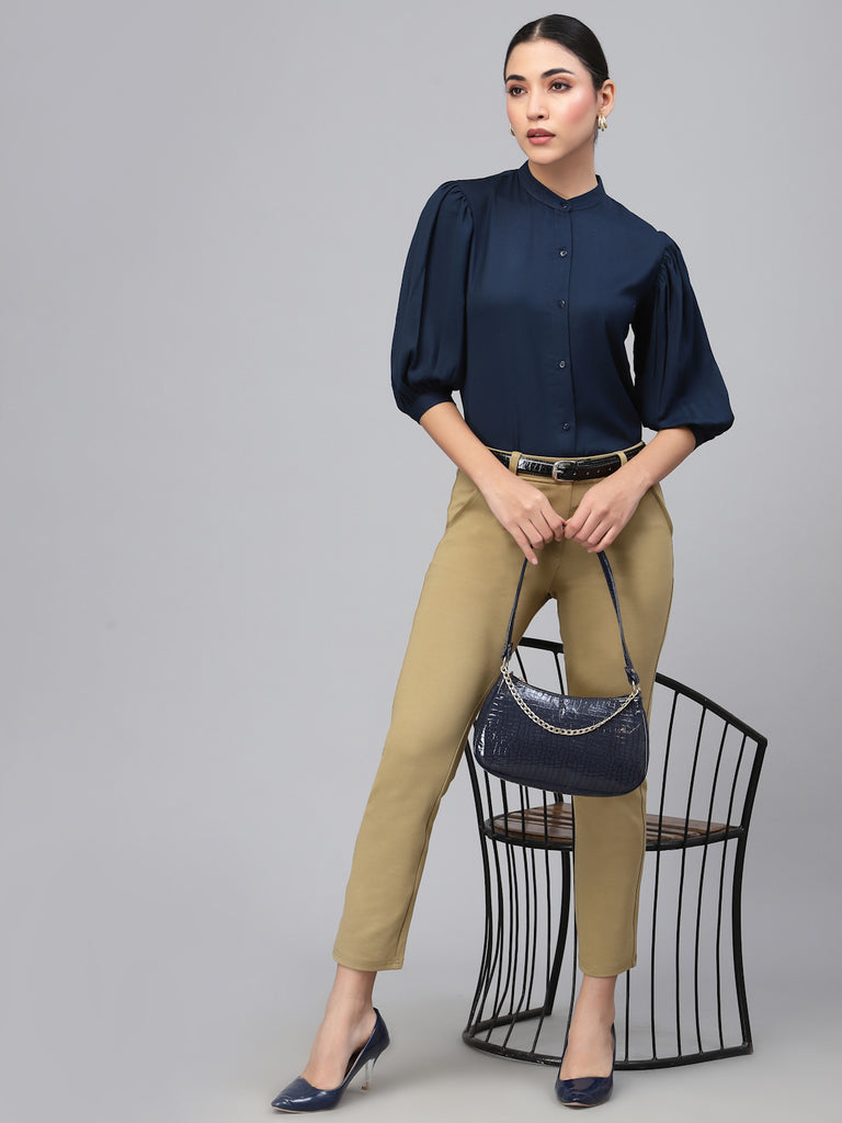 Style Quotient Women Solid Navy PolyMoss Regular Formal Shirt-Shirts-StyleQuotient