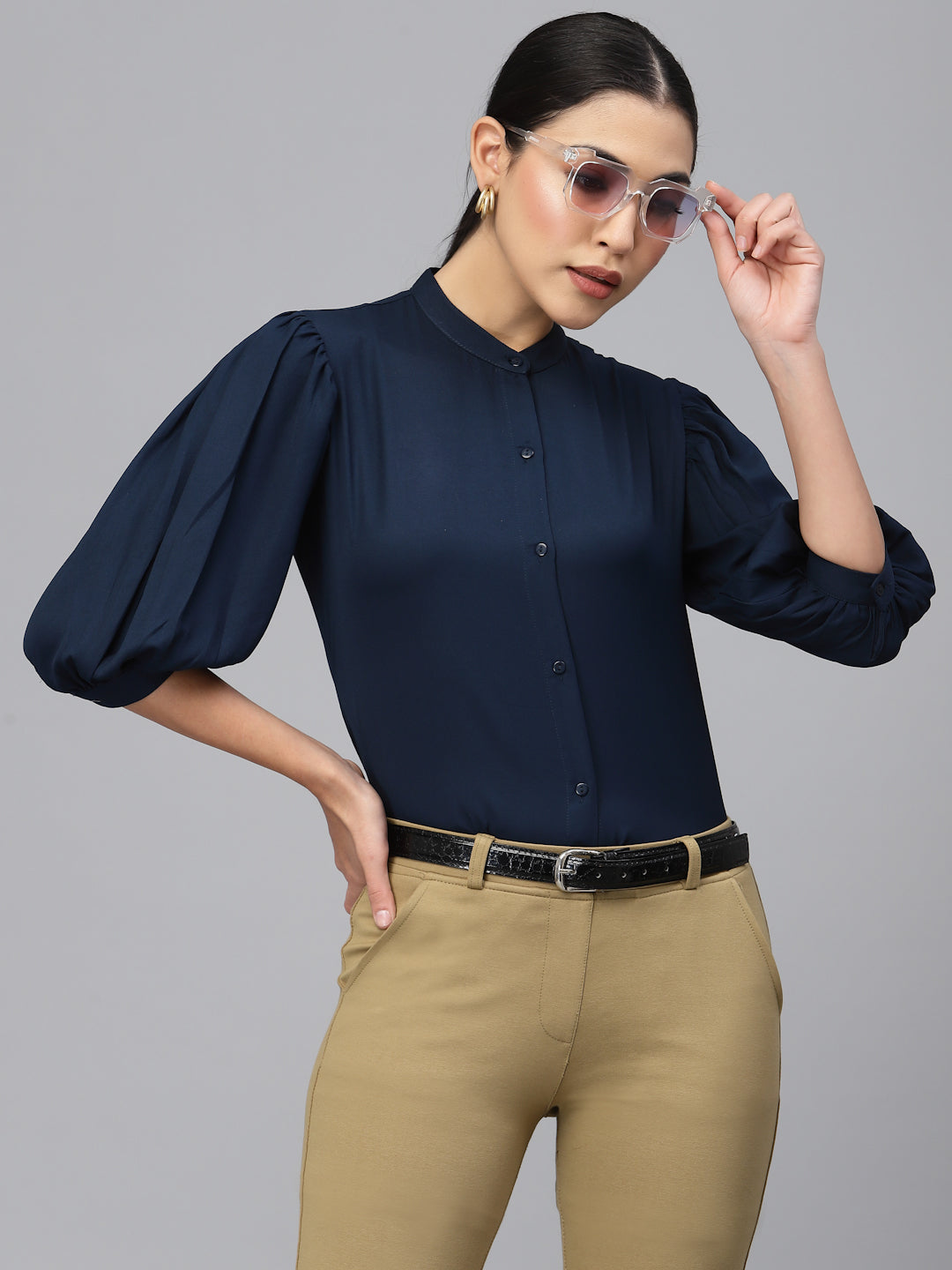 Style Quotient Women Solid Navy PolyMoss Regular Formal Shirt-Shirts-StyleQuotient