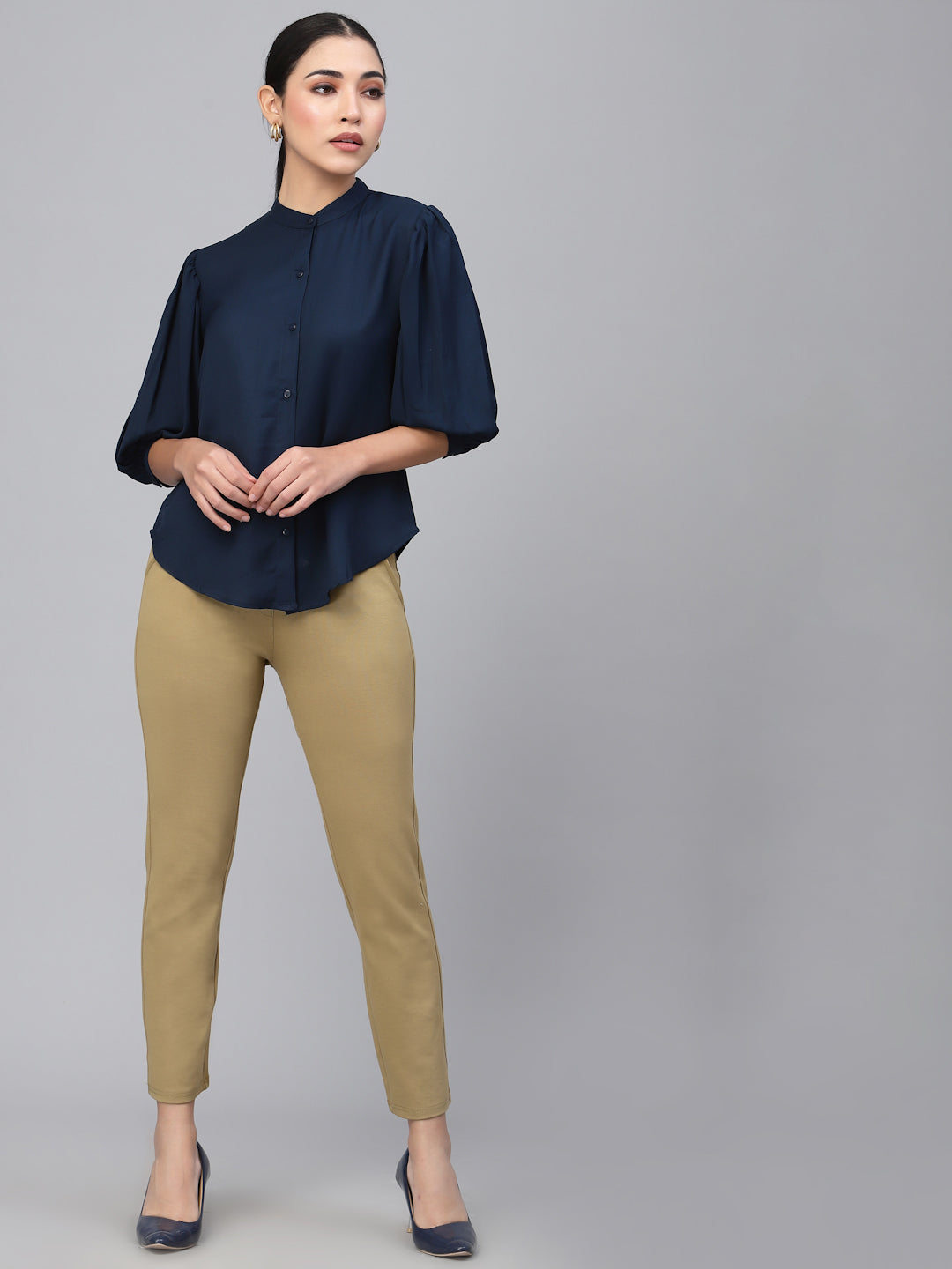 Style Quotient Women Solid Navy PolyMoss Regular Formal Shirt-Shirts-StyleQuotient