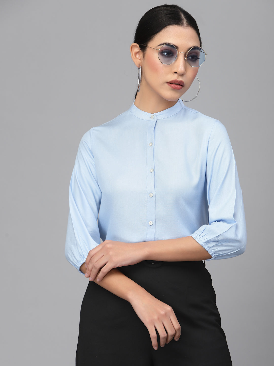 Style Quotient Women Solid Light Blue Polyester Formal Shirt-Shirts-StyleQuotient