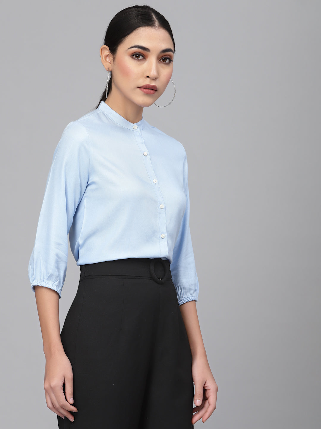 Style Quotient Women Solid Light Blue Polyester Formal Shirt-Shirts-StyleQuotient