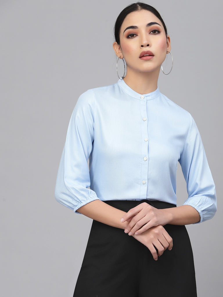 Style Quotient Women Solid Light Blue Polyester Formal Shirt-Shirts-StyleQuotient