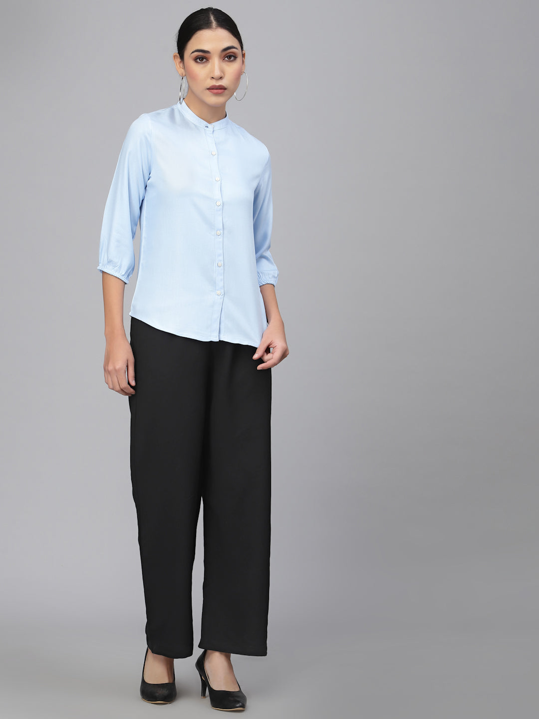 Style Quotient Women Solid Light Blue Polyester Formal Shirt-Shirts-StyleQuotient