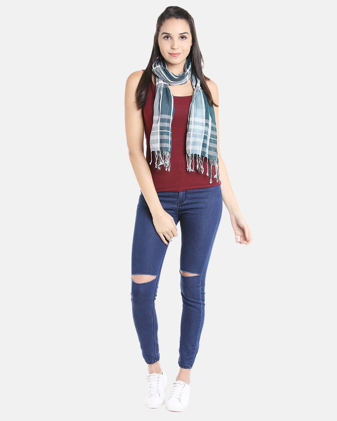 Teal Green & White Checked Stole-Stoles & Scarves-StyleQuotient