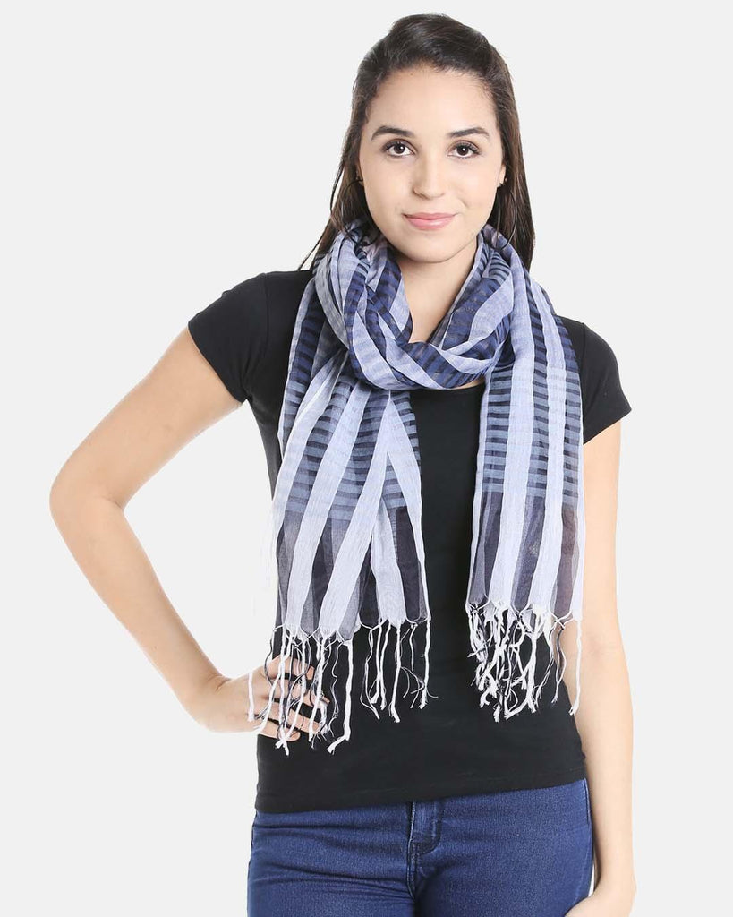 Blue & White Patterned & Striped Stole-Stoles & Scarves-StyleQuotient