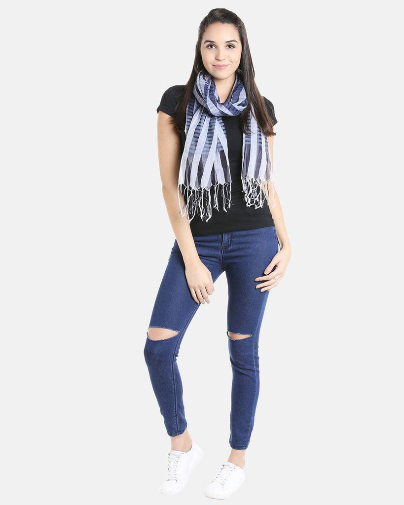 Blue & White Patterned & Striped Stole-Stoles & Scarves-StyleQuotient