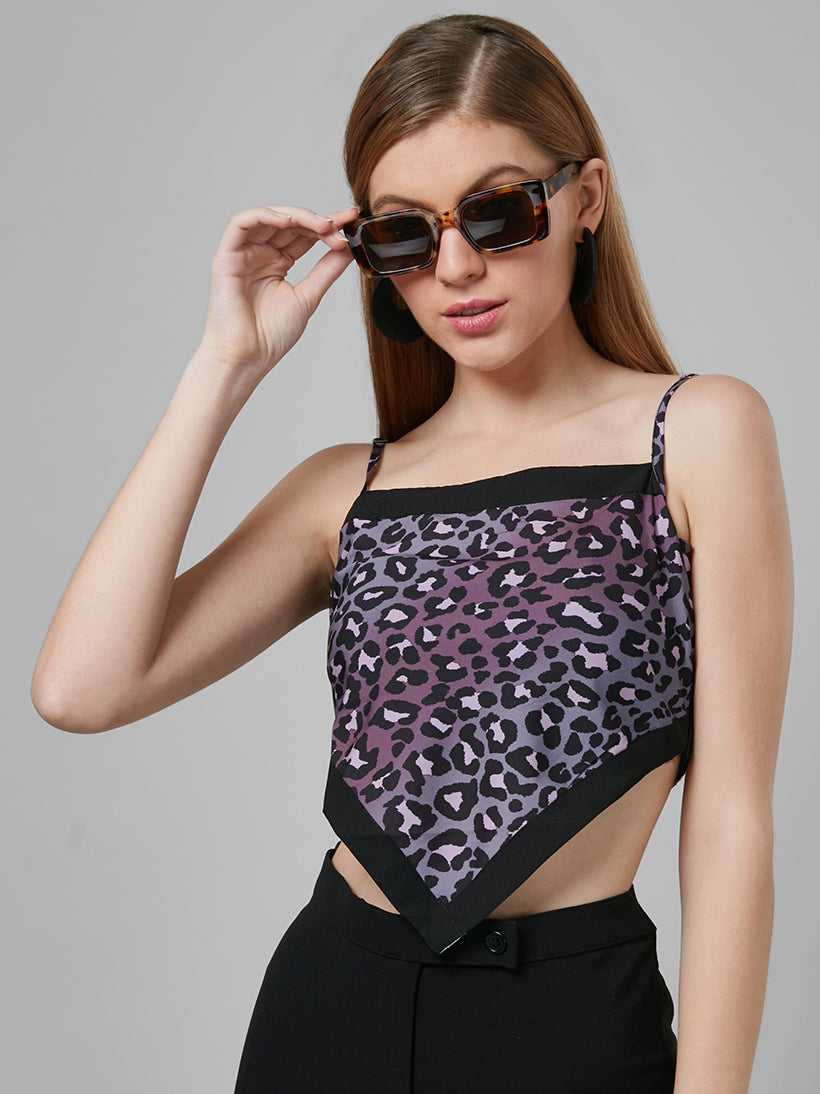 Style Quotient Women Purple And Multi Animal Printed Polyester Crop Smart Casual Handkerchief Top-Tops-StyleQuotient