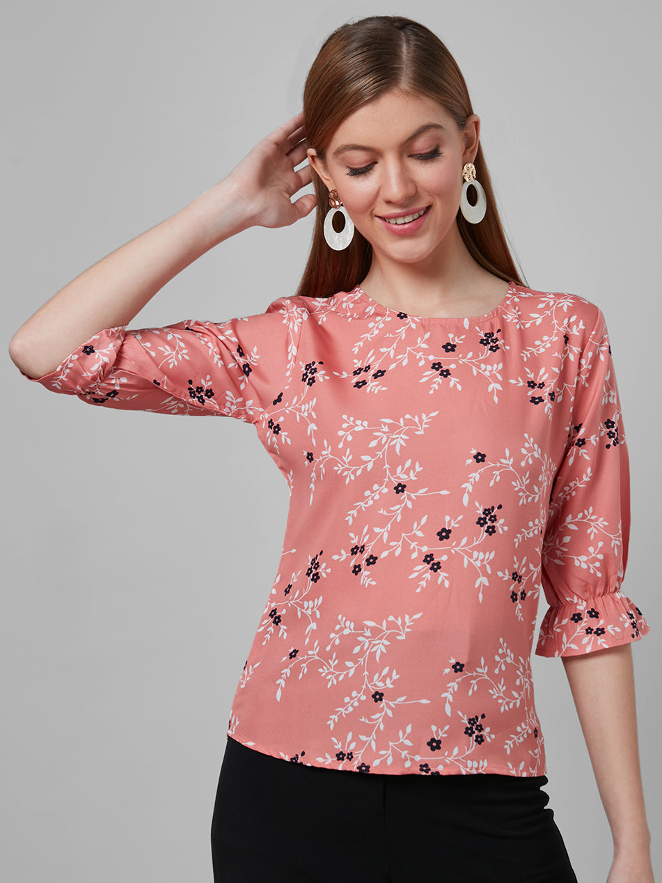 Style Quotient Women Peach and Multi Floral Printed Polyester Smart Casual Top-Tops-StyleQuotient