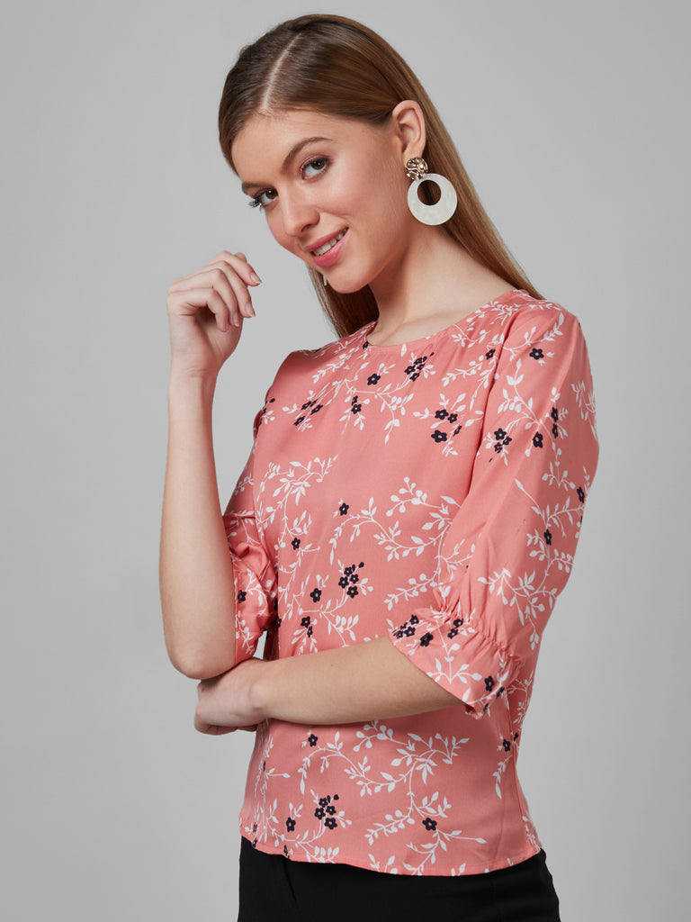 Style Quotient Women Peach and Multi Floral Printed Polyester Smart Casual Top-Tops-StyleQuotient