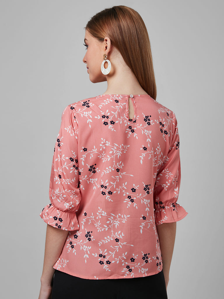 Style Quotient Women Peach and Multi Floral Printed Polyester Smart Casual Top-Tops-StyleQuotient