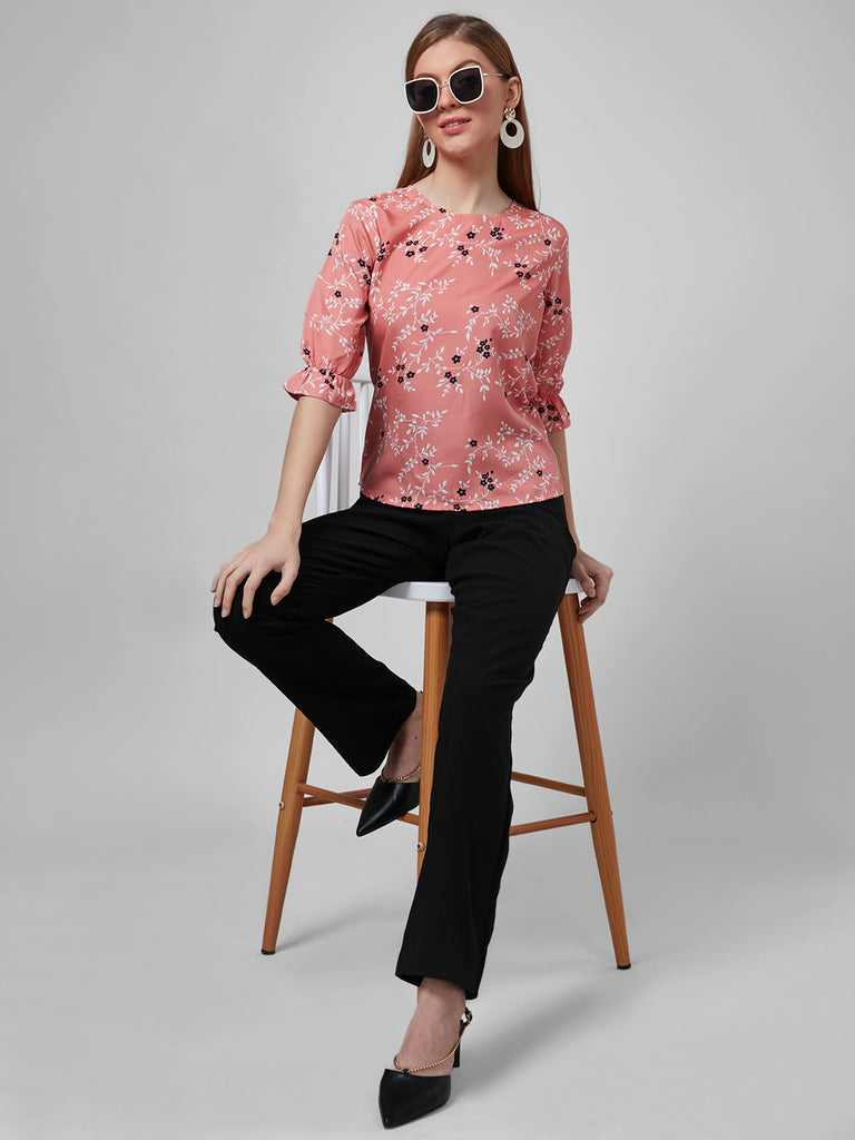 Style Quotient Women Peach and Multi Floral Printed Polyester Smart Casual Top-Tops-StyleQuotient