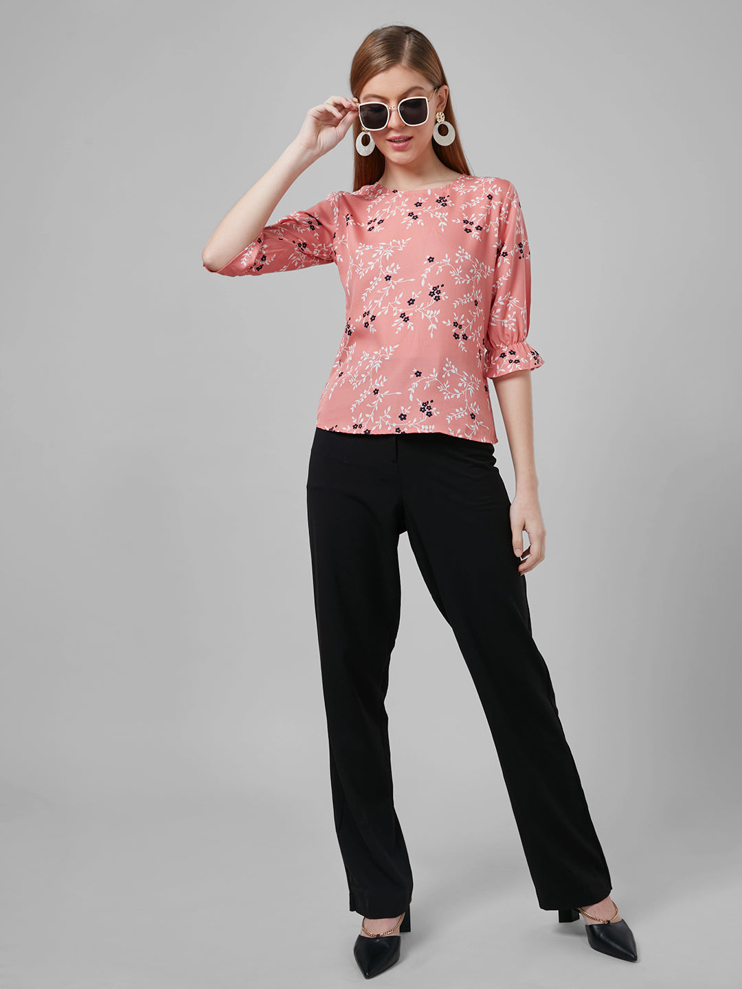 Style Quotient Women Peach and Multi Floral Printed Polyester Smart Casual Top-Tops-StyleQuotient