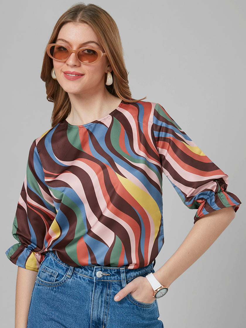 Style Quotient Women Multi color Abstract Printed Crepe regular Casual woven Blouson top-Tops-StyleQuotient