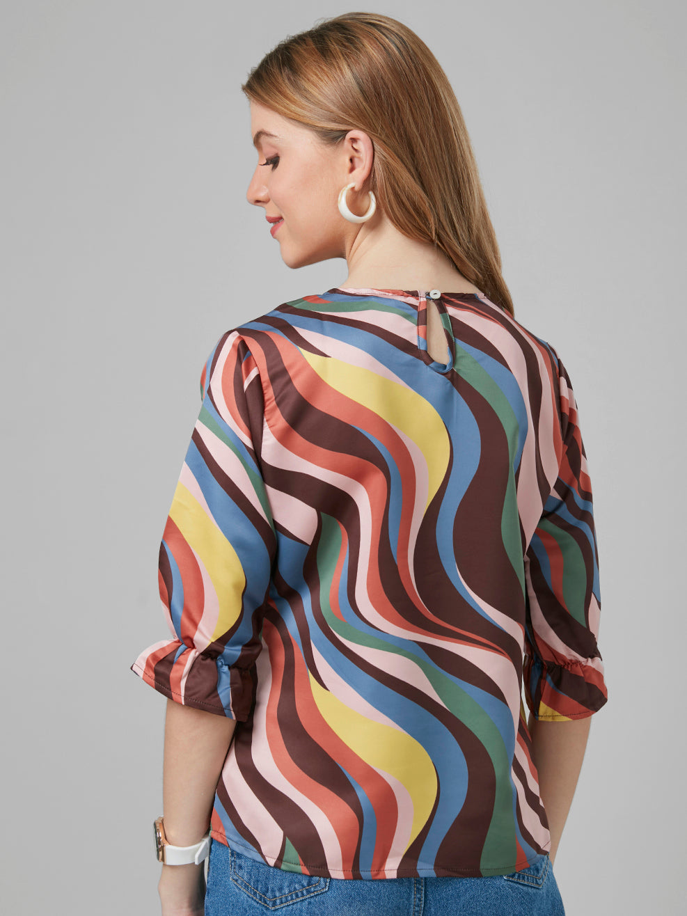 Style Quotient Women Multi color Abstract Printed Crepe regular Casual woven Blouson top-Tops-StyleQuotient